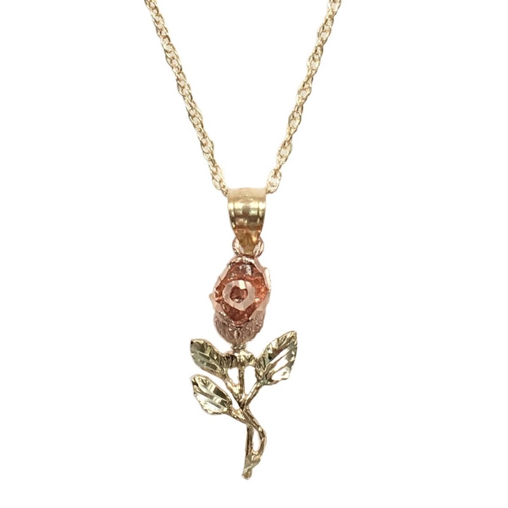 Solid 10k Gold Tri Color Rose Pendant Necklace - Picture 2 of 5